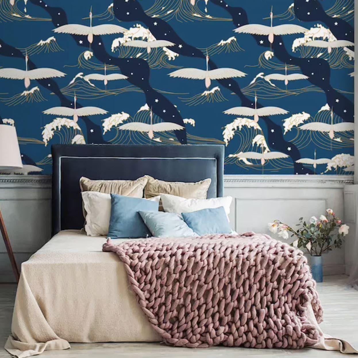 Oriental Wave and Cranes Dark Blue Wall Paper - MAIA HOMES