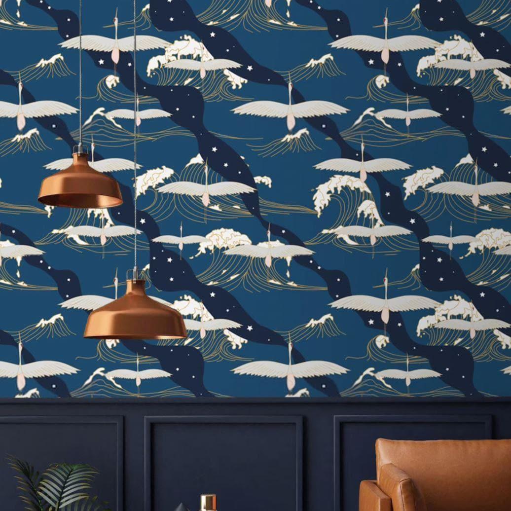 Oriental Wave and Cranes Dark Blue Wall Paper