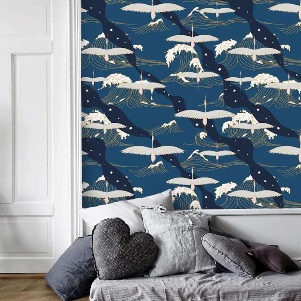 Oriental Wave and Cranes Dark Blue Wall Paper