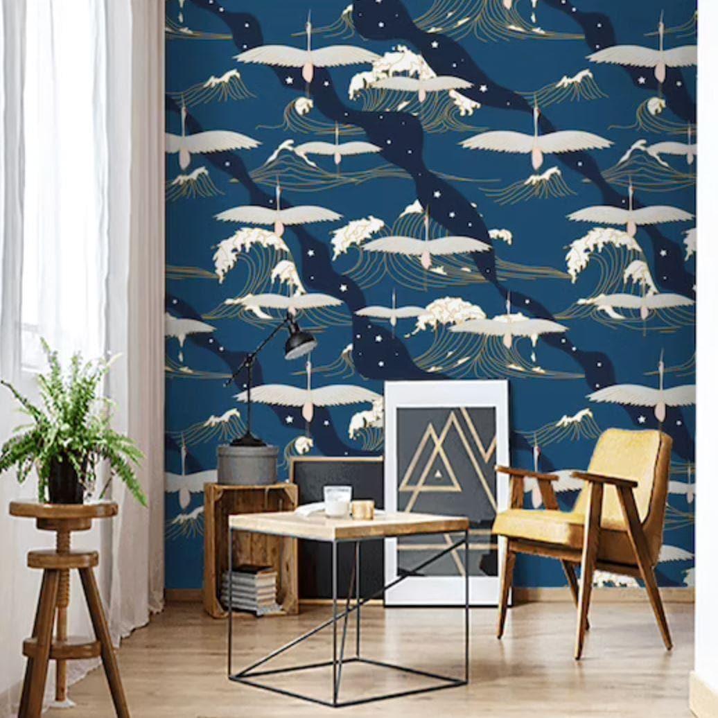 Oriental Wave and Cranes Dark Blue Wall Paper