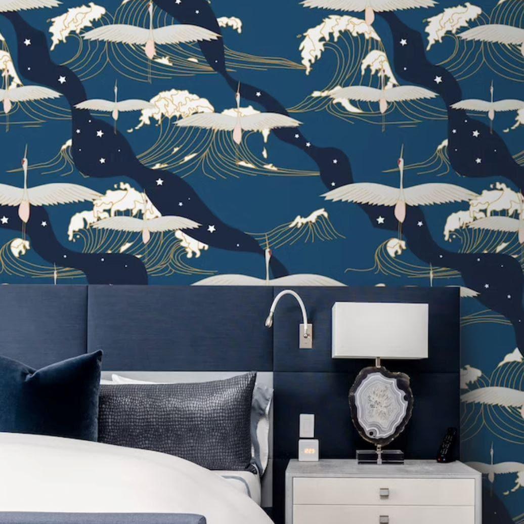 Oriental Wave and Cranes Dark Blue Wall Paper