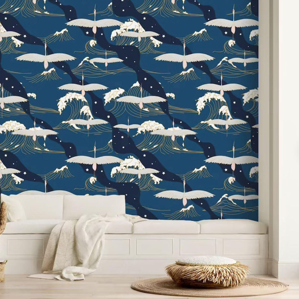 Oriental Wave and Cranes Dark Blue Wall Paper