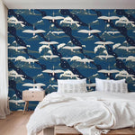 Oriental Wave and Cranes Dark Blue Wall Paper