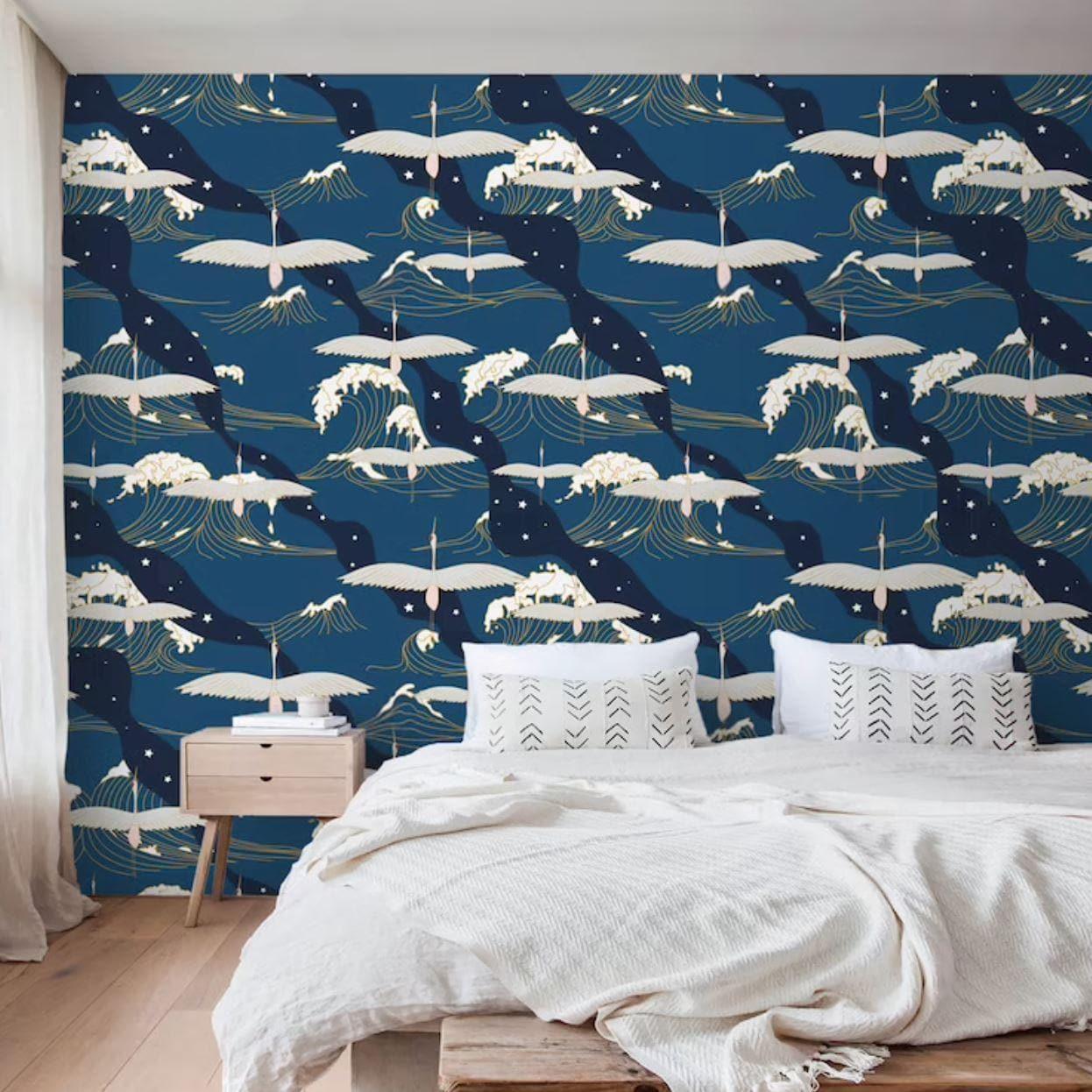 Oriental Wave and Cranes Dark Blue Wall Paper - MAIA HOMES