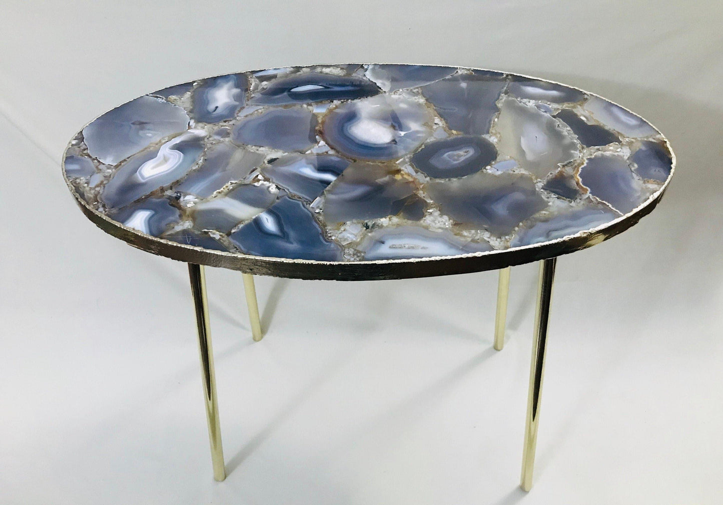 Oval Agate Gemstone Quartz Organic Edge Side Table Silver