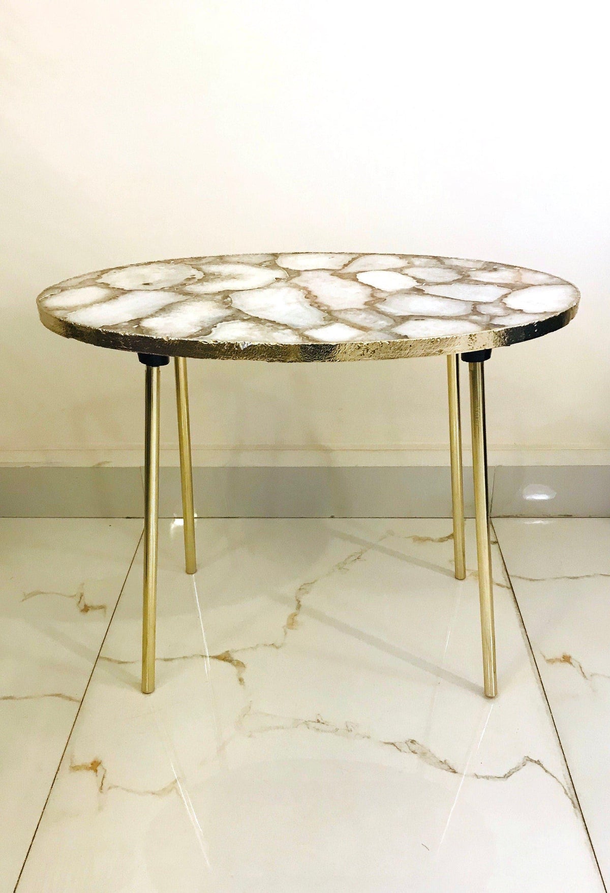 Oval White Agate Organic Edge Side Table Silver