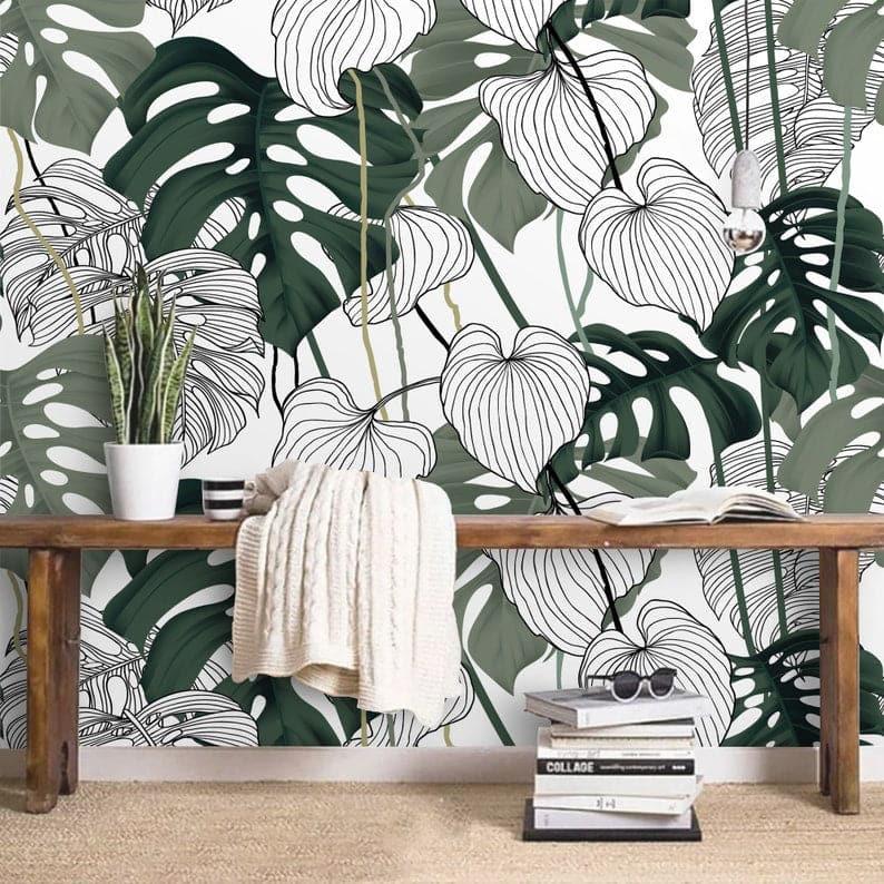 Oversized Tropical Monstera Leaves Wallpaper