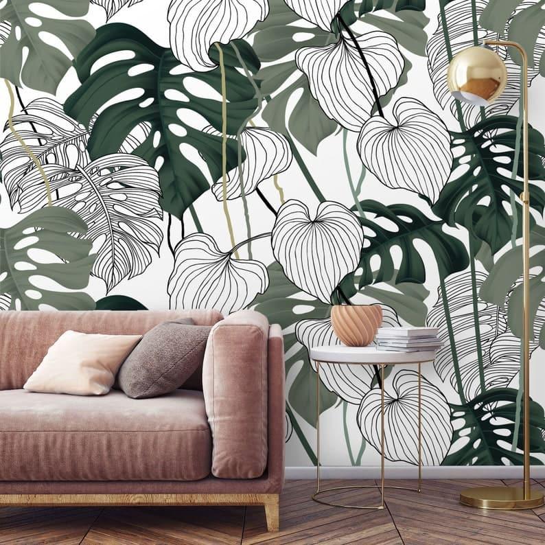 Oversized Tropical Monstera Leaves Wallpaper