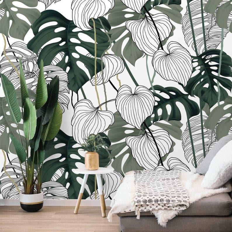 Oversized Tropical Monstera Leaves Wallpaper