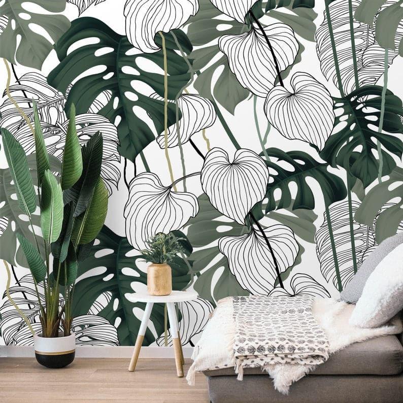 Oversized Tropical Monstera Leaves Wallpaper - MAIA HOMES