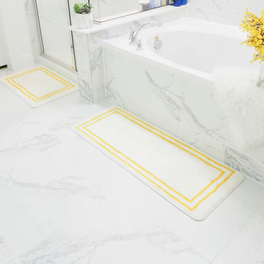 Pack of 2 Golden Border White Luxury Microfiber Bath Mats - MAIA HOMES