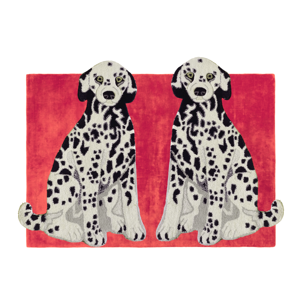 Pair of Doggie Hand Tufted Wool Rug - Red