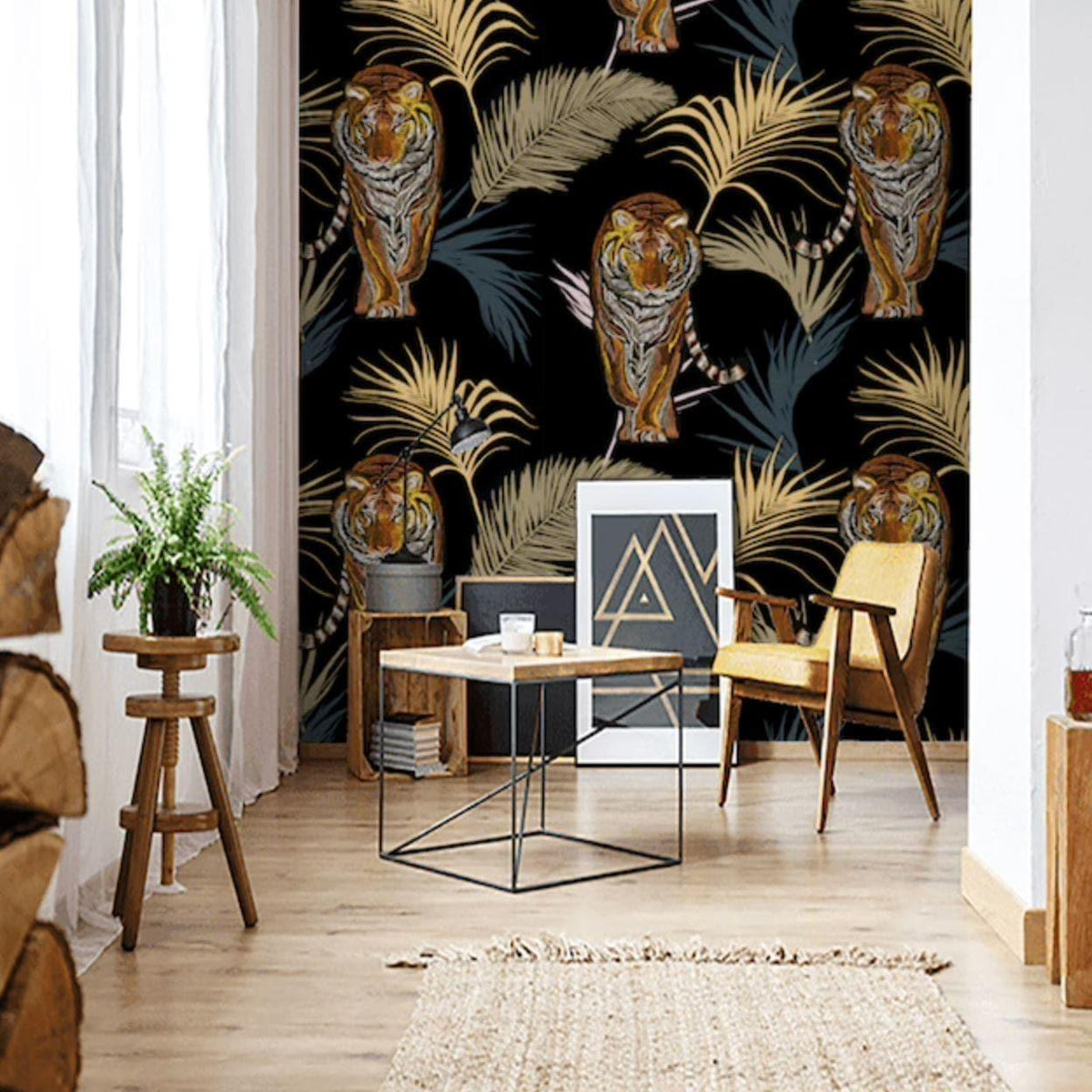 Palm Leaves and Tigers in Jungle Wallpaper