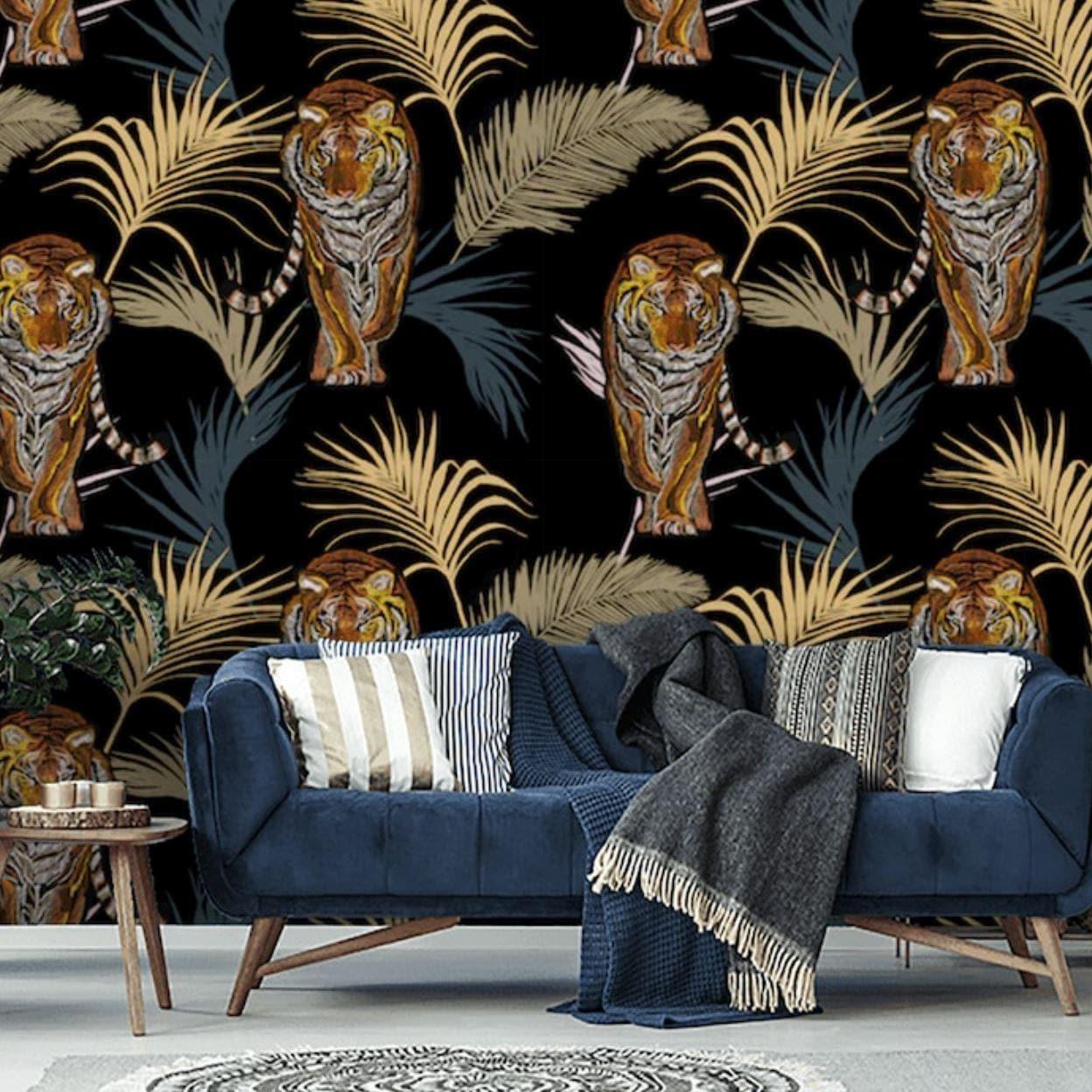 Palm Leaves and Tigers in Jungle Wallpaper - MAIA HOMES