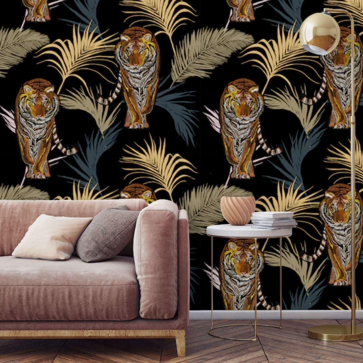 Palm Leaves and Tigers in Jungle Wallpaper - MAIA HOMES