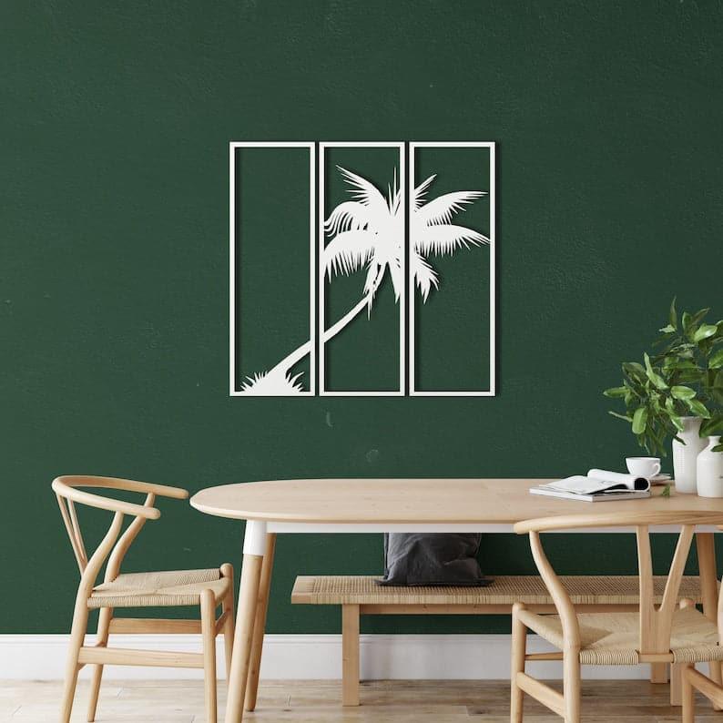 Palm Tree 3 Panels Metal Wall Art White