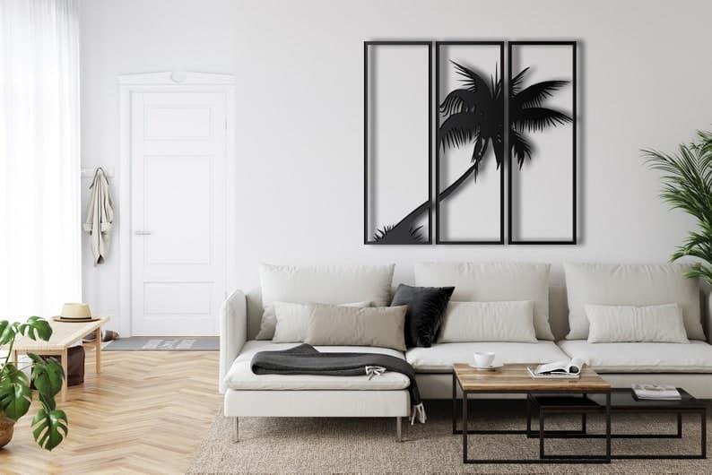 Palm Tree 3 Panels Metal Wall Art Black