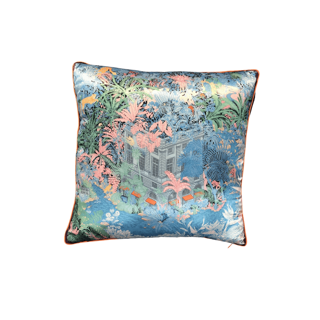 Palm Trees and Palace Blue Faux Silk Throw Pillow Cover Blue