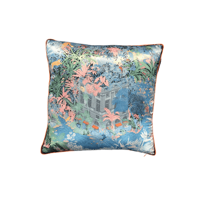 Palm Trees and Palace Blue Faux Silk Throw Pillow Cover Blue