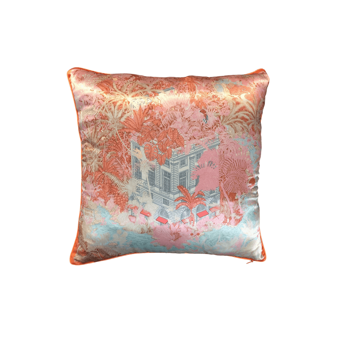 Palm Trees and Palace Blue Faux Silk Throw Pillow Cover Orange