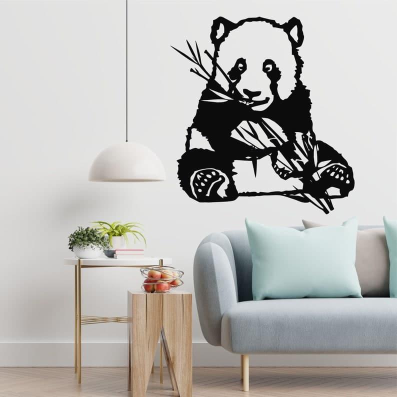 Panda Eating Bamboo Metal Wall Art Black