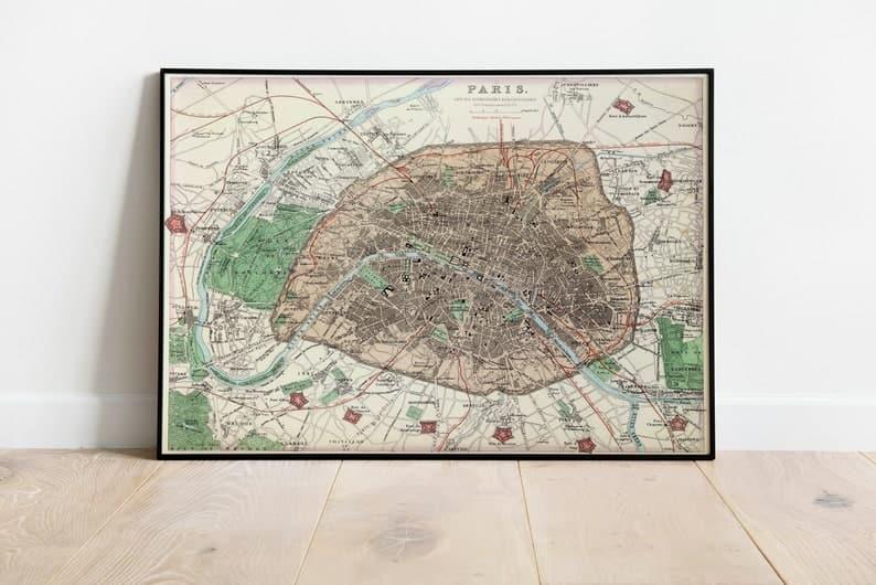 Paris City Map Wall Print| 1872 Paris City Plan Map