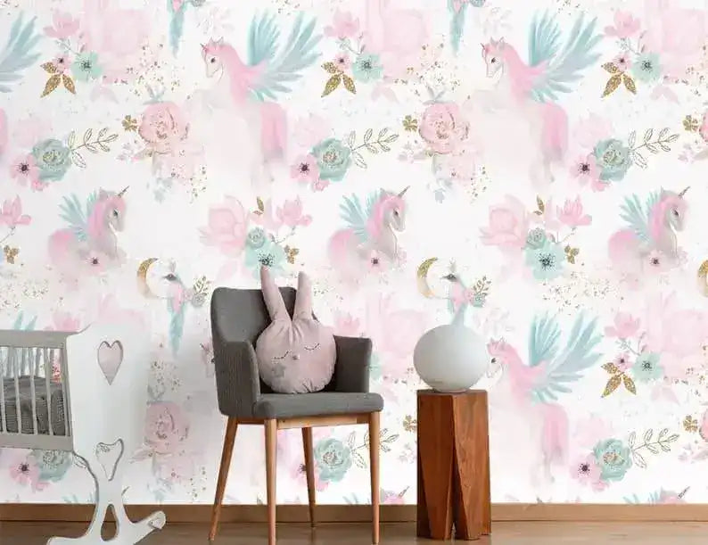 Pastel Pink Unicorn Floral Nursery Wallpaper