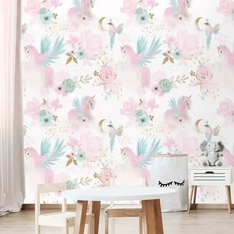 Pastel Pink Unicorn Floral Nursery Wallpaper