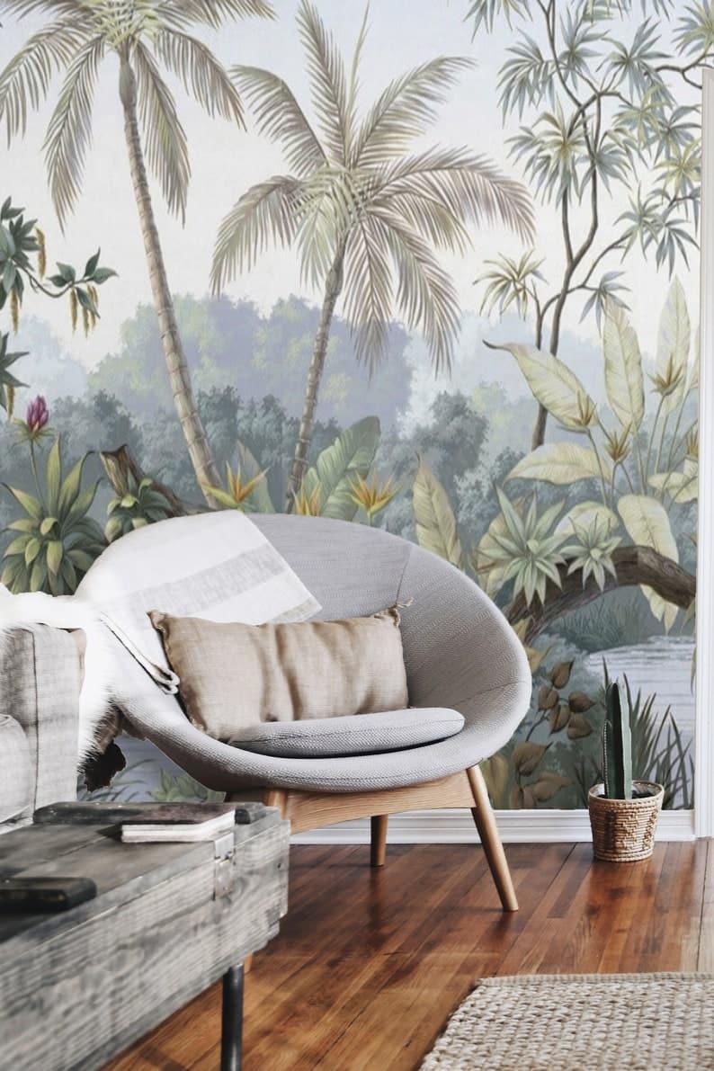 Pastel Tropical Jungle Depiction Wall Mural