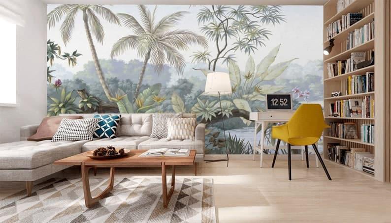 Pastel Tropical Jungle Depiction Wall Mural