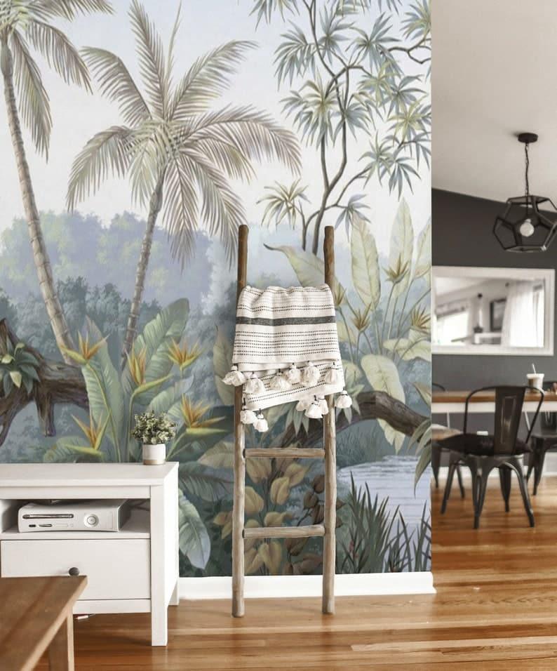 Pastel Tropical Jungle Depiction Wall Mural