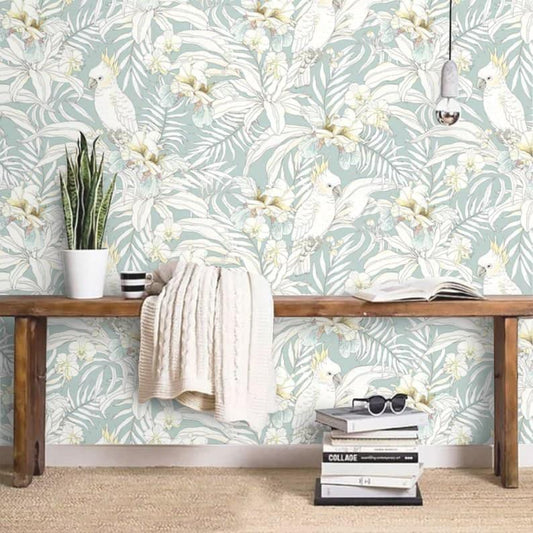 Pastel Tropical Parrot and Palm Leaves Wallpaper - MAIA HOMES