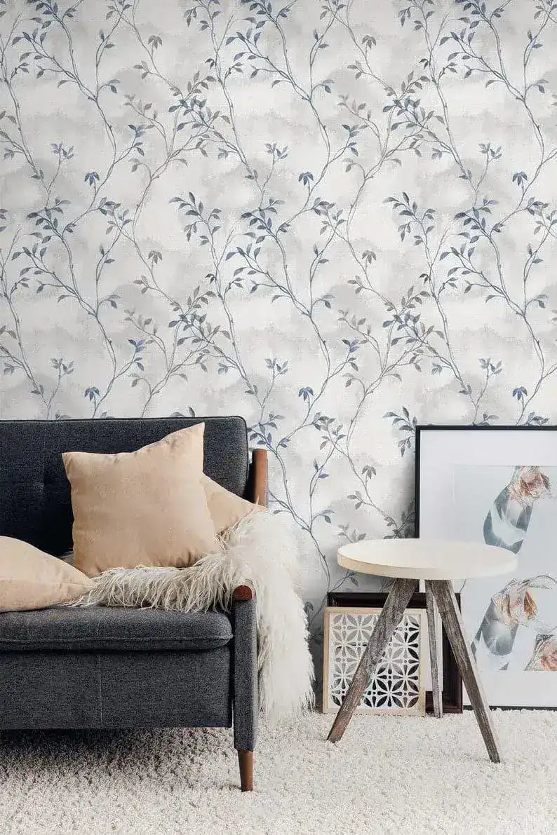 Pastel Vintage Gray Delicate Olive Branch Botanical Wallpaper