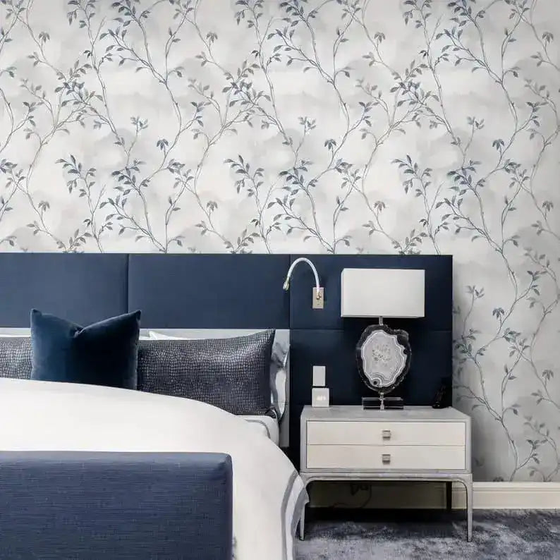 Pastel Vintage Gray Delicate Olive Branch Botanical Wallpaper