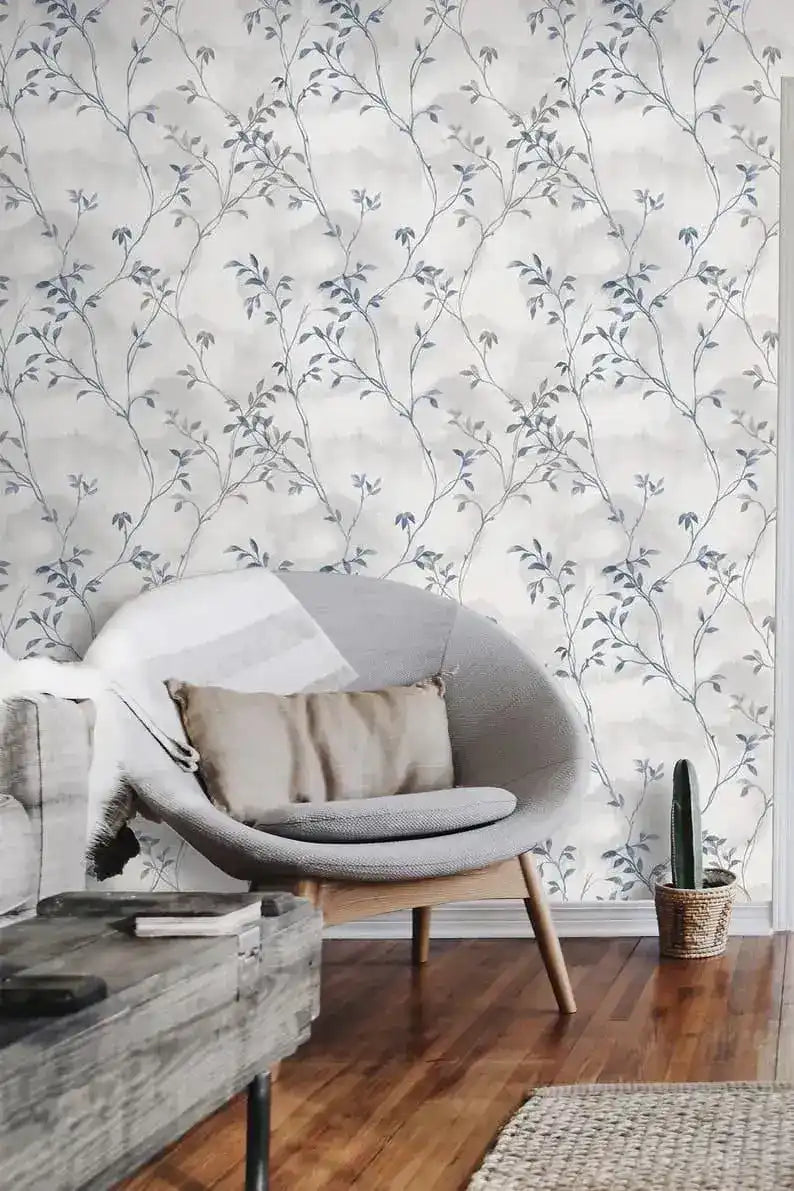 Pastel Vintage Gray Delicate Olive Branch Botanical Wallpaper