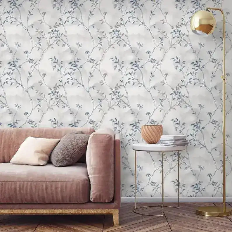 Pastel Vintage Gray Delicate Olive Branch Botanical Wallpaper