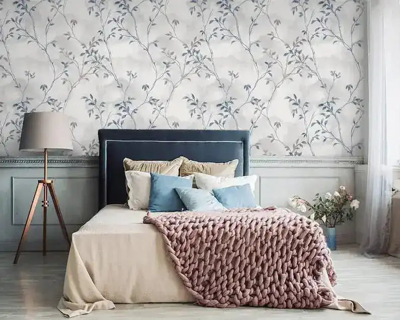 Pastel Vintage Gray Delicate Olive Branch Botanical Wallpaper