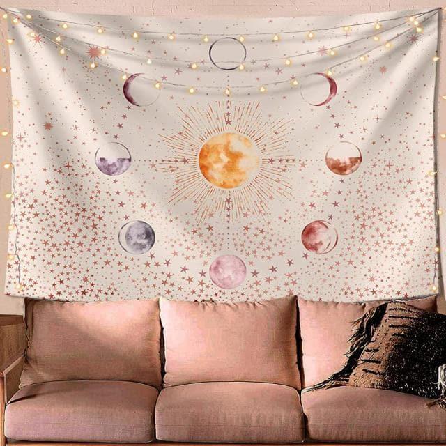 Peachy Moon and Starry Sky Wall Hanging Tapestry Cream 6 ft 6" x 5" (200 cm x 150 cm)