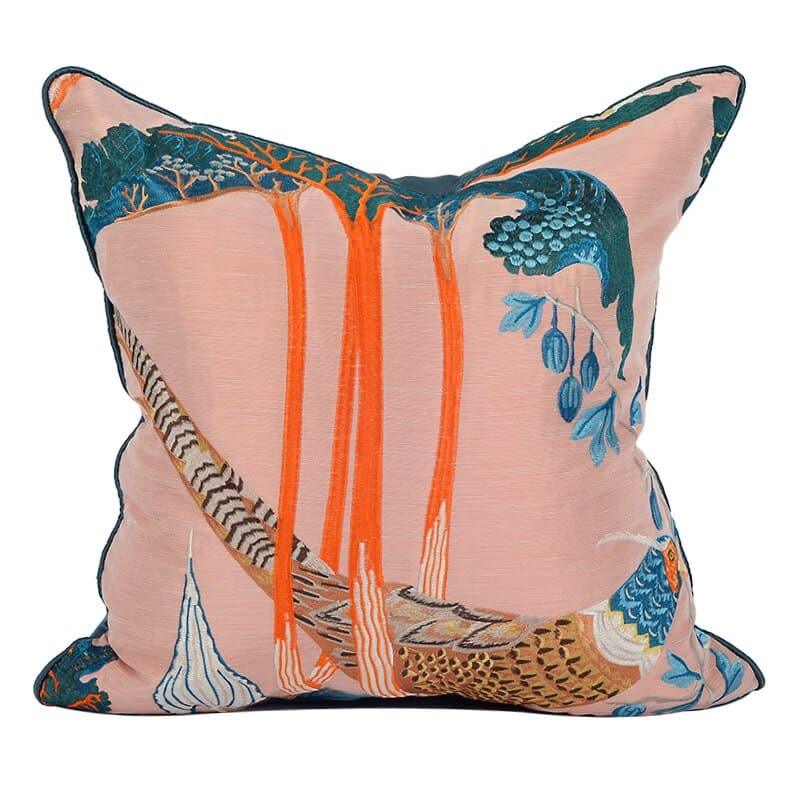 Peacock Embroidered Pink Floral Throw Pillow Cover Pink