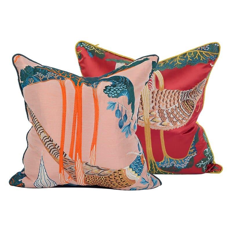 Peacock Embroidered Pink Floral Throw Pillow Cover