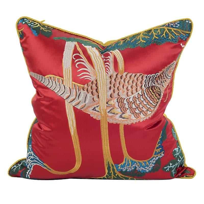 Peacock Embroidered Pink Floral Throw Pillow Cover Red