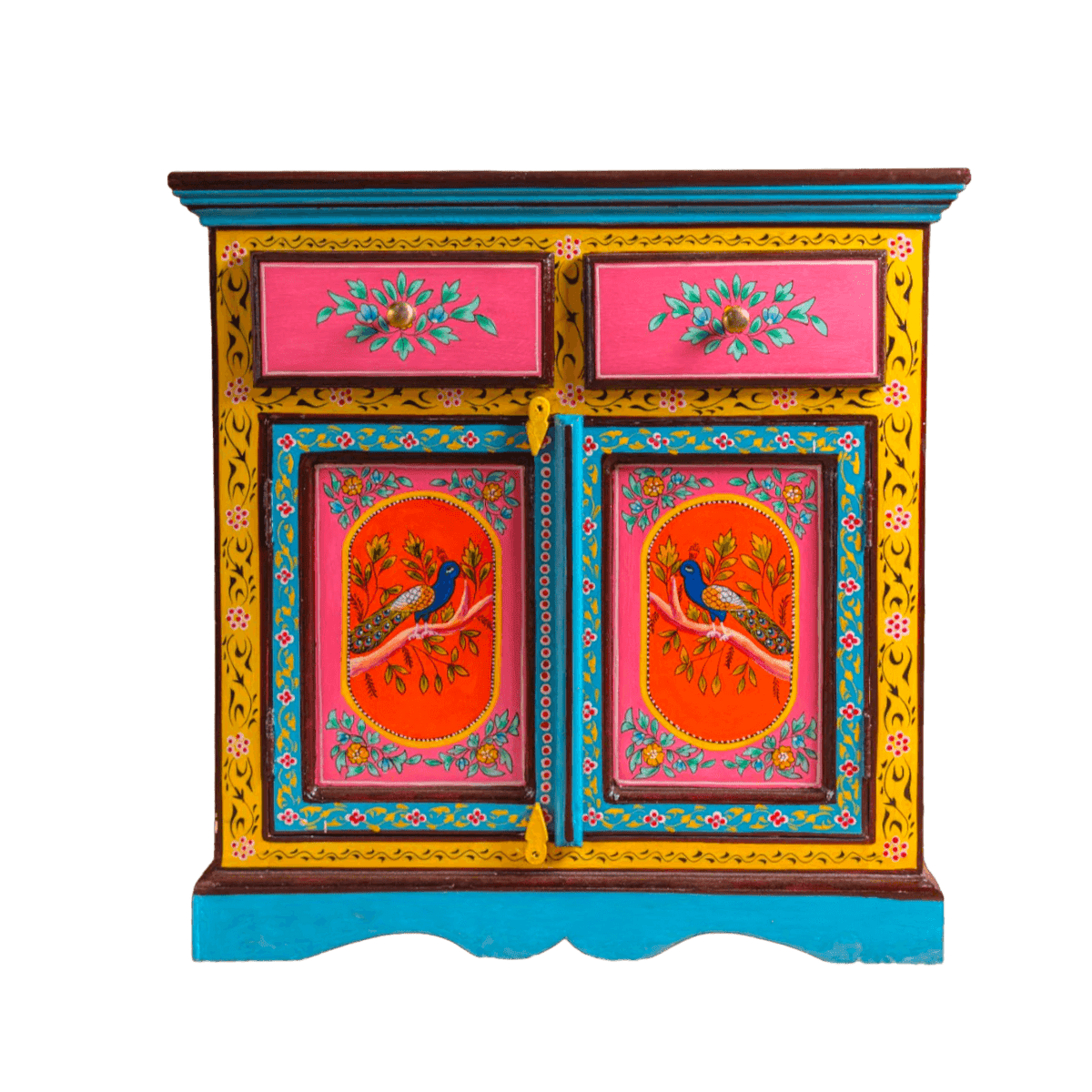 Peacock Floral Hand Painted Wooden Cabinet