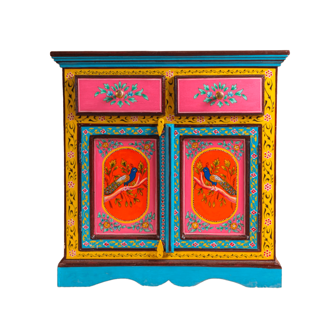 Peacock Floral Hand Painted Wooden Cabinet