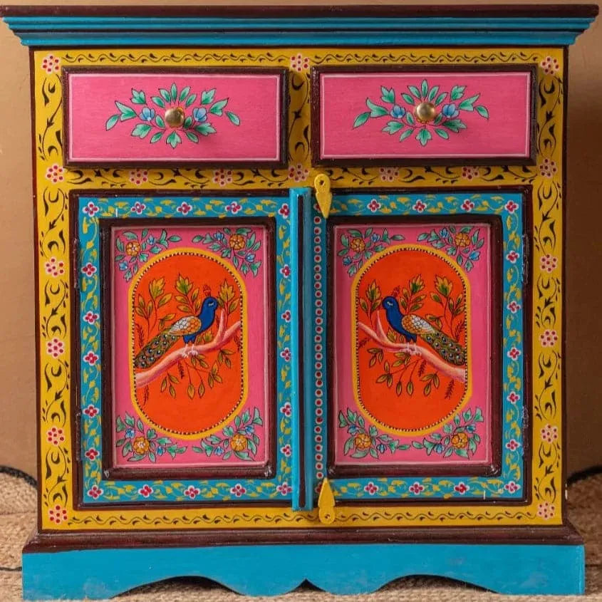 Peacock Floral Hand Painted Wooden Cabinet