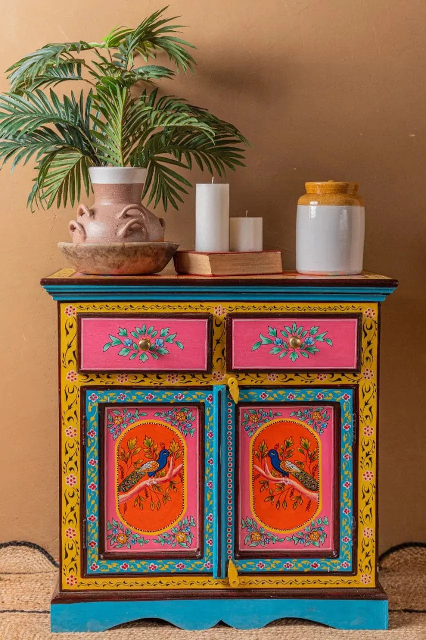 Peacock Floral Hand Painted Wooden Cabinet