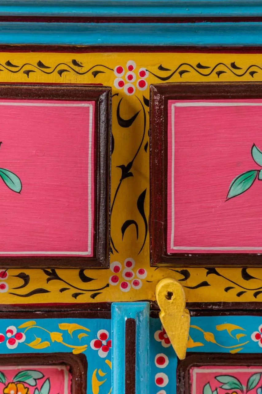 Peacock Floral Hand Painted Wooden Cabinet