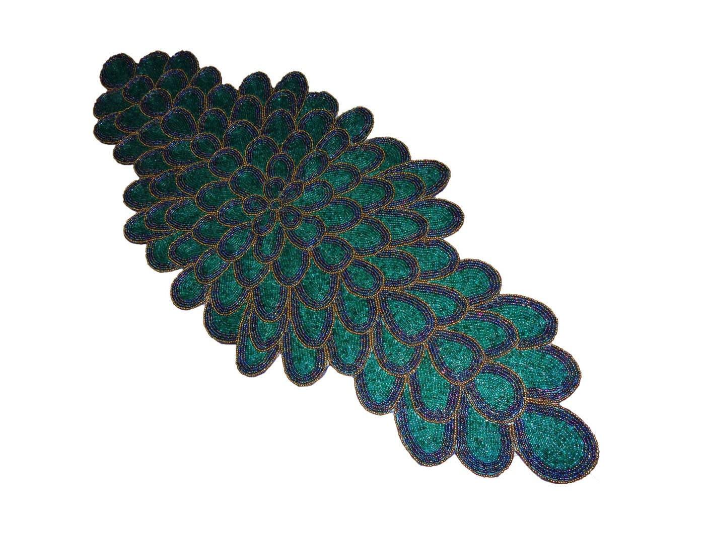 Peacock Wing Beaded Table Runner - Green and Blue