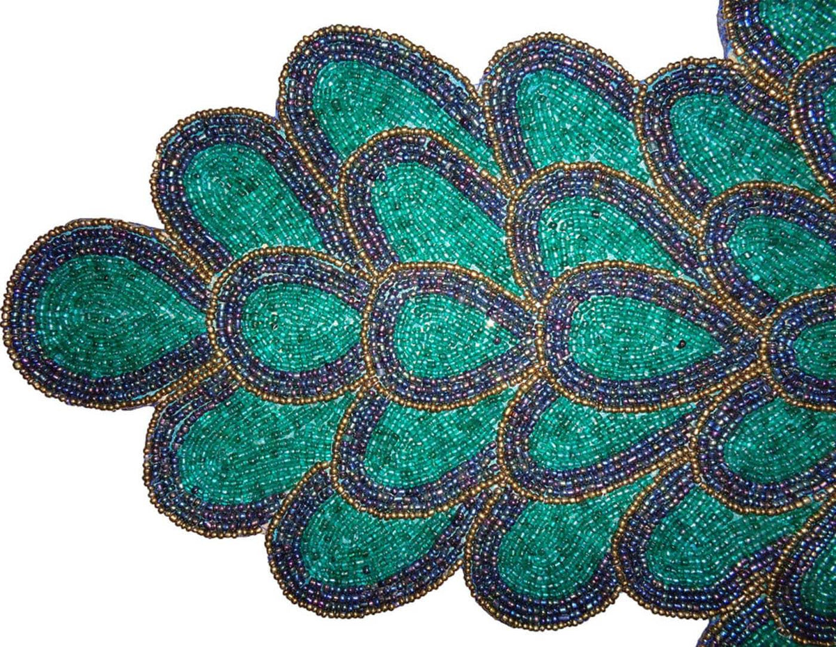 Peacock Wing Beaded Table Runner - Green and Blue