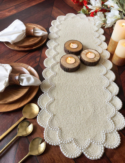 Pearl and Bead Scallop Table Runner Runner, 13x90 inches