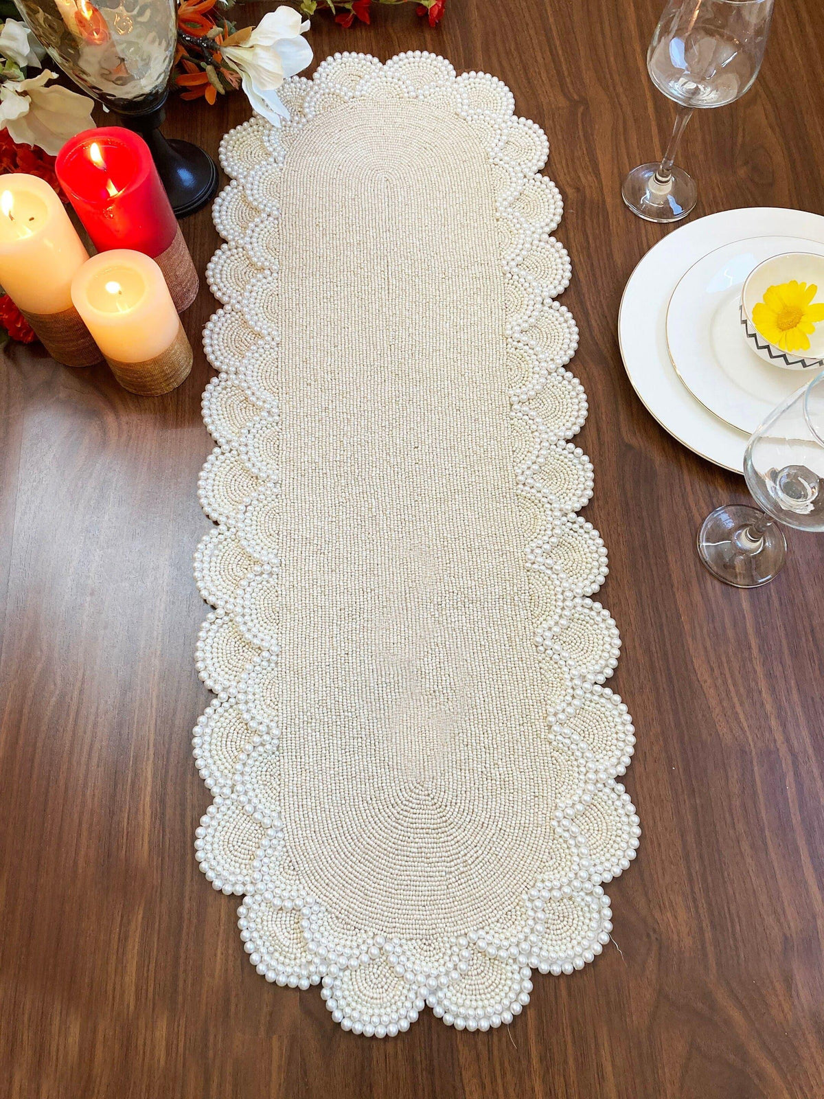 Pearl and Bead Scallop Table Runner